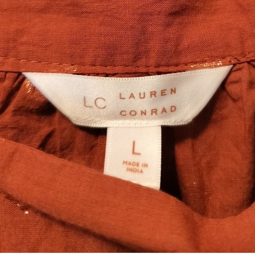 LAUREN CONRAD Womens Large Square Neck 3/4 Sleeve Rust Gold Dot Print Cotton Top - Picture 3 of 5